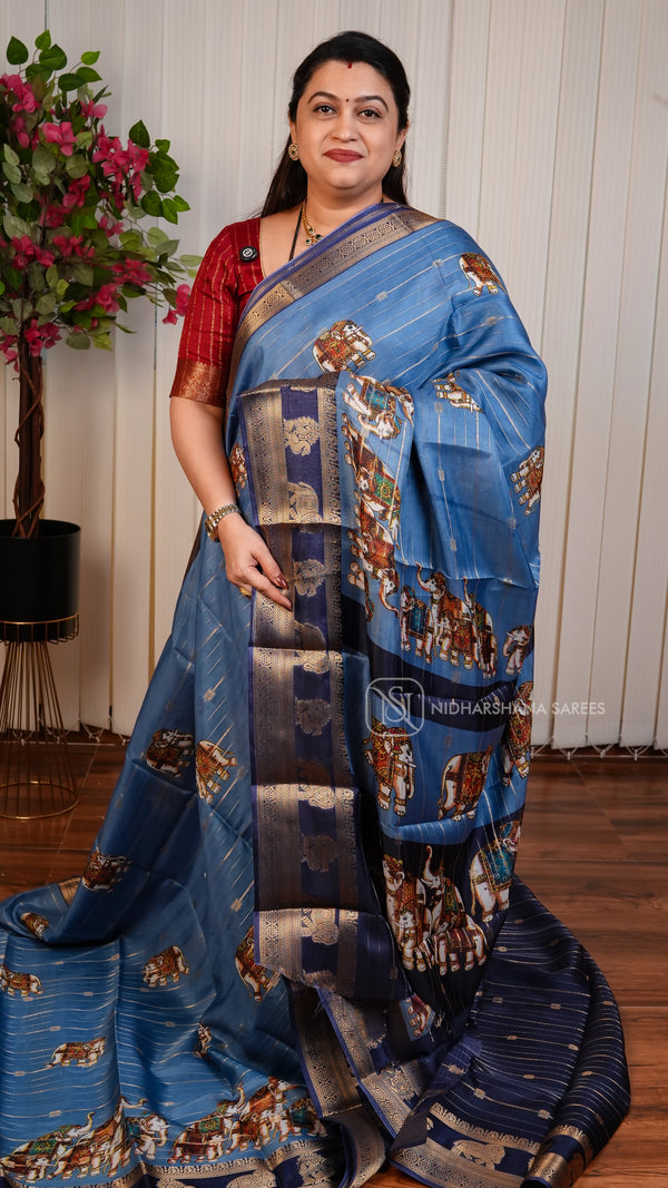Semi Dola With Zari Lines And Elephant Digital Print And Zari Border