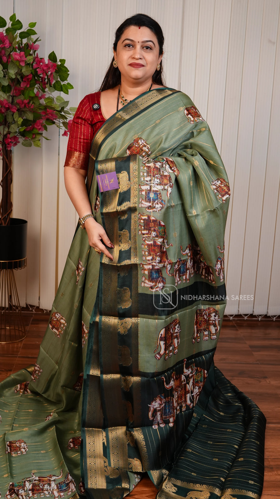 Semi Dola With Zari Lines And Elephant Digital Print And Zari Border