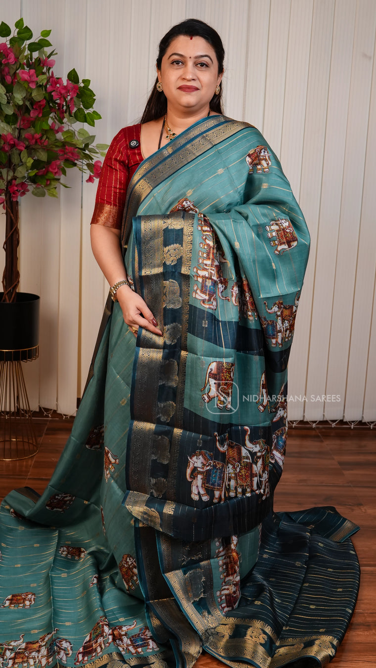 Semi Dola With Zari Lines And Elephant Digital Print And Zari Border