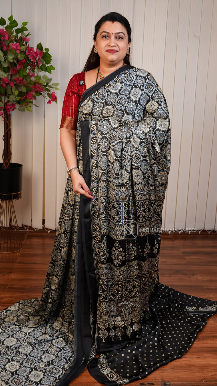 Semi Satin With Ajarkh Print And Mirror Work Concept