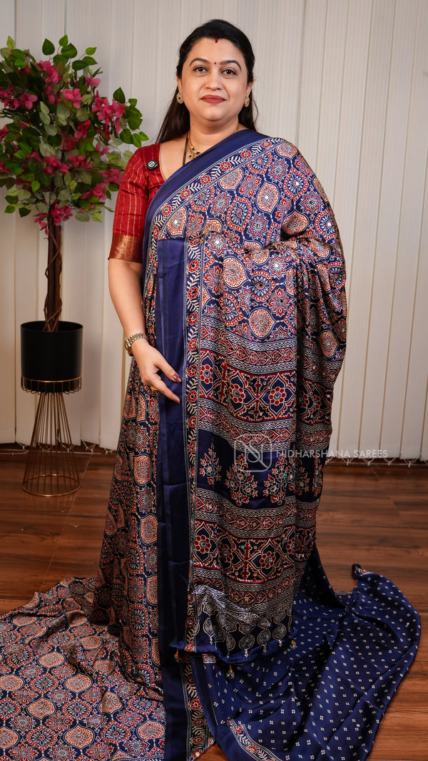 Semi Satin With Ajarkh Print And Mirror Work Concept