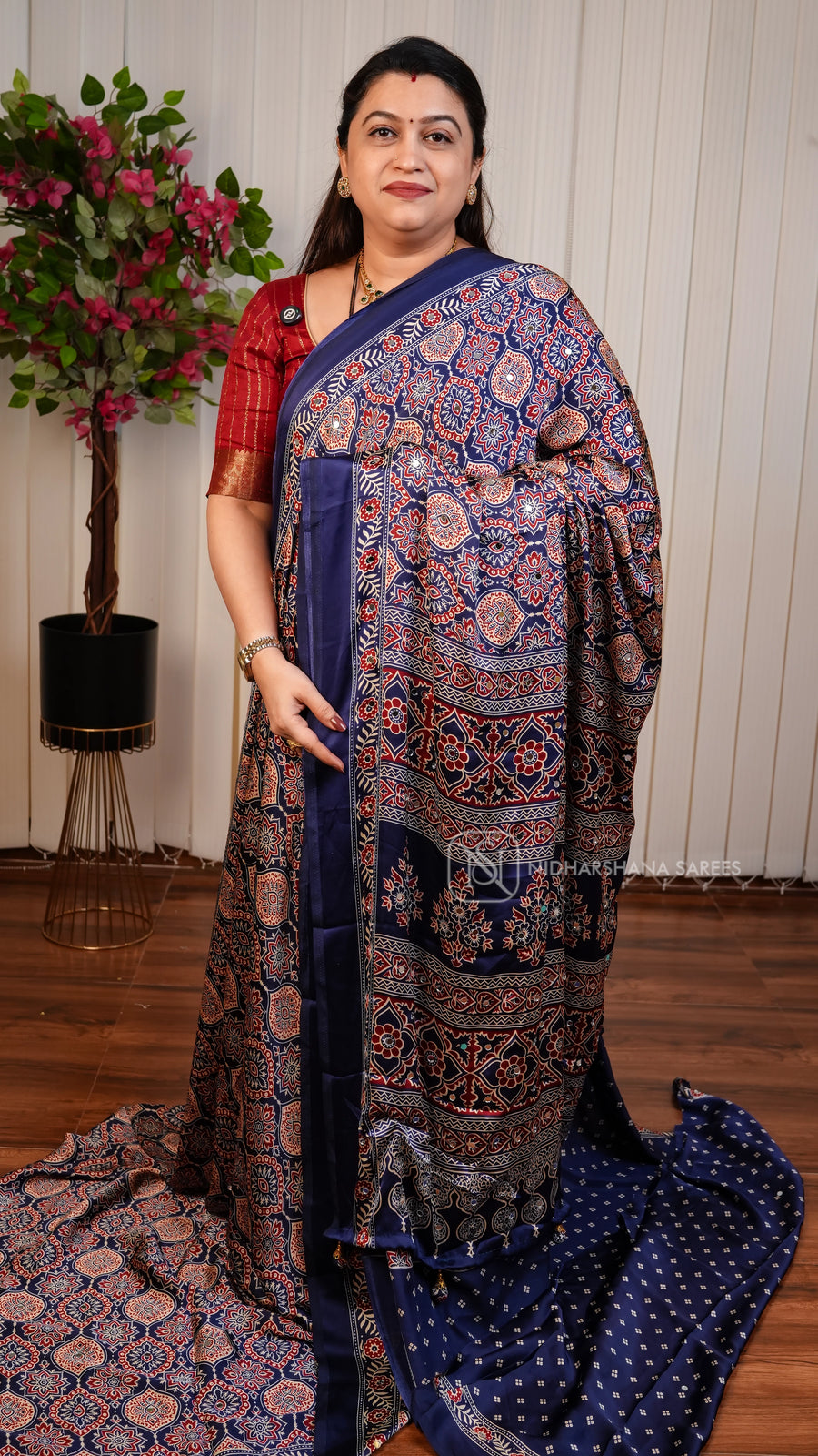 Semi Satin With Ajarkh Print And Mirror Work Concept