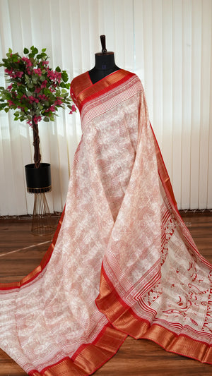 Semi Chanderi Cotton With Digital Print And Zari Border