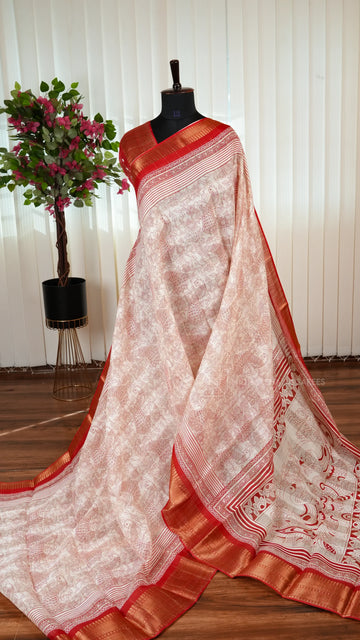 Semi Chanderi Cotton With Digital Print And Zari Border