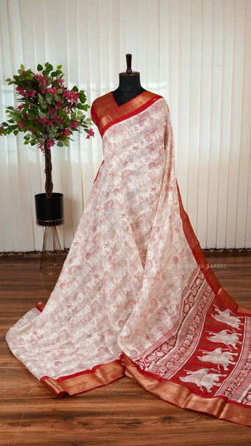 Semi Chanderi Cotton With Digital Print And Zari Border