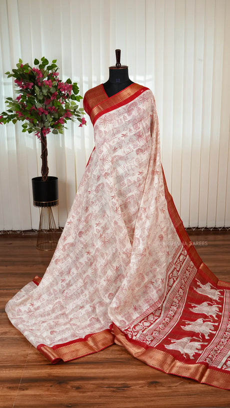 Semi Chanderi Cotton With Digital Print And Zari Border