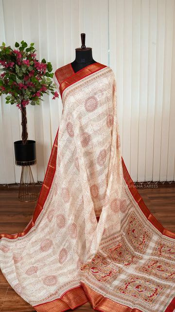Semi Chanderi Cotton With Digital Print And Zari Border