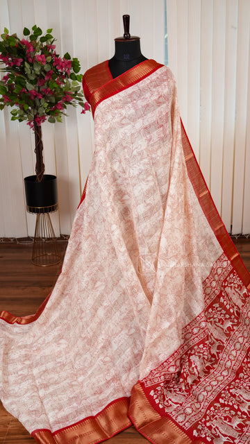 Semi Chanderi Cotton With Digital Print And Zari Border