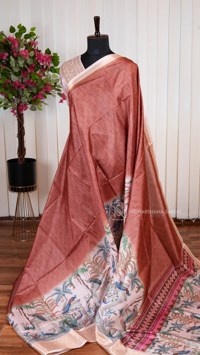 Matka Tussar With Digital Print And Zari Border