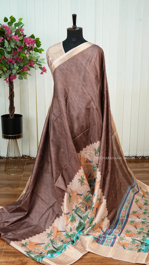 Matka Tussar With Digital Print And Zari Borde