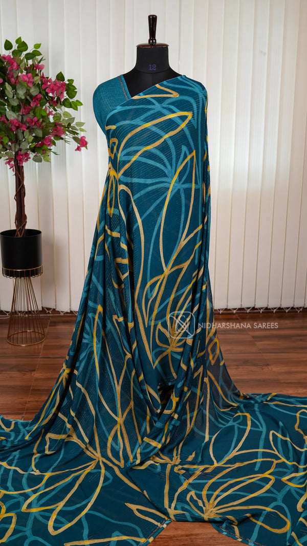 Semi Georgette With Zari Lines And Digital Print Concept