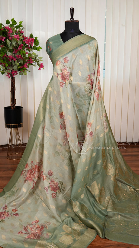 Semi Chanderi  With Floral Digital Print And Zari Butta