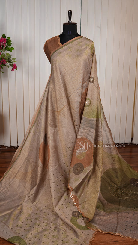 Semi Chanderi  With Digital Print And Cut Work Border