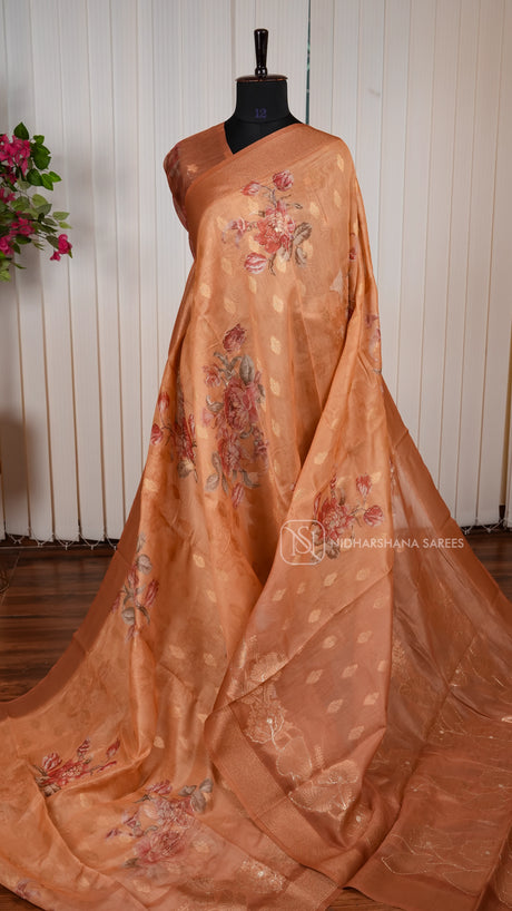 Semi Chanderi With Floral Digital Print And Zari Butta