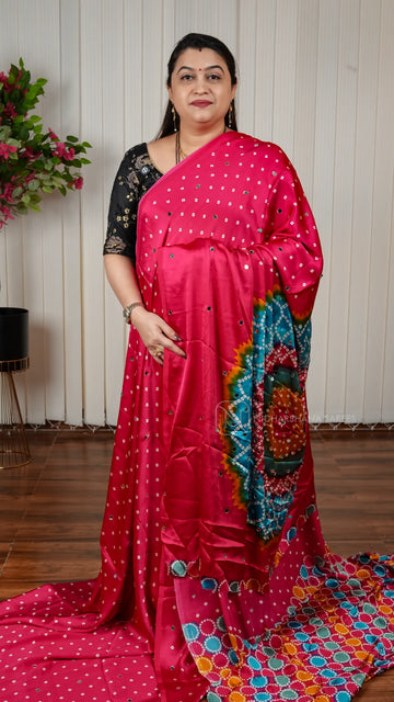 Semi Satin Silk With Bandhini Print And Mirror Work Concept