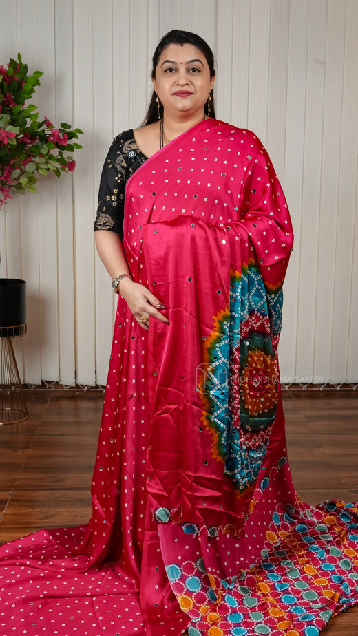 Semi Satin Silk With Bandhini Print And Mirror Work Concept