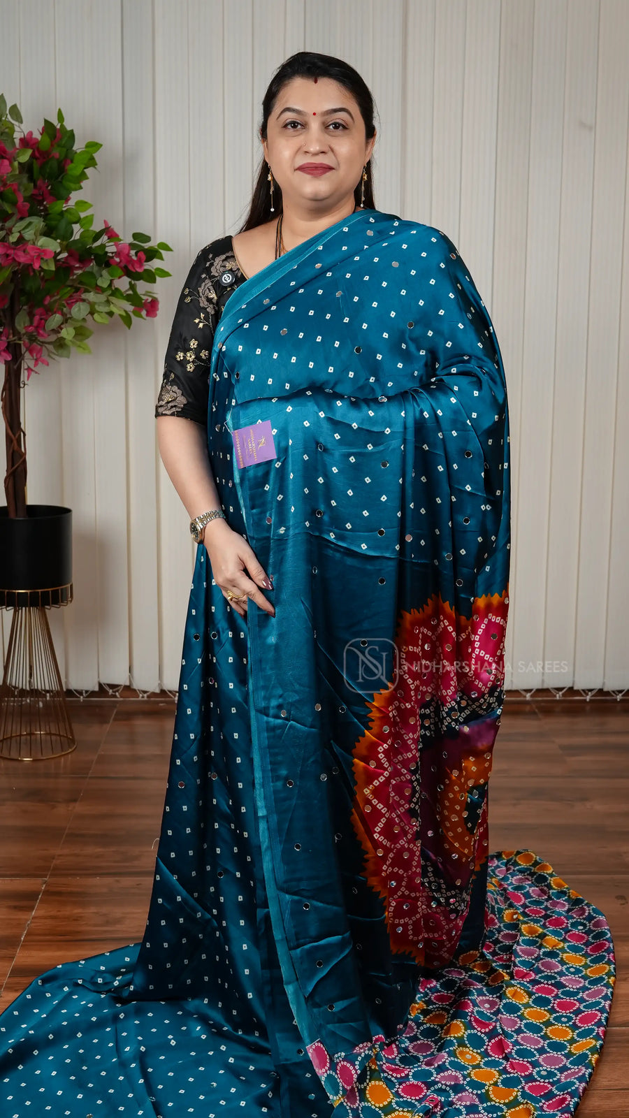 Semi Satin Silk With Bandhini Print And Mirror Work Concept