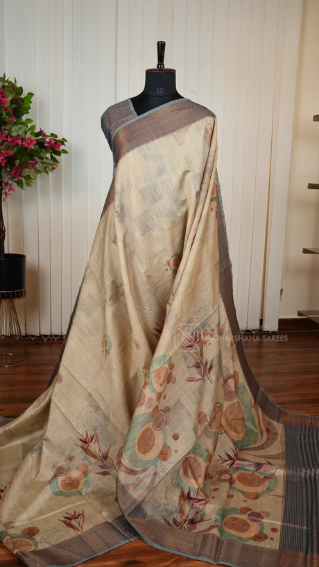 Premium Tussar With Digital Print And Matte Zari Border