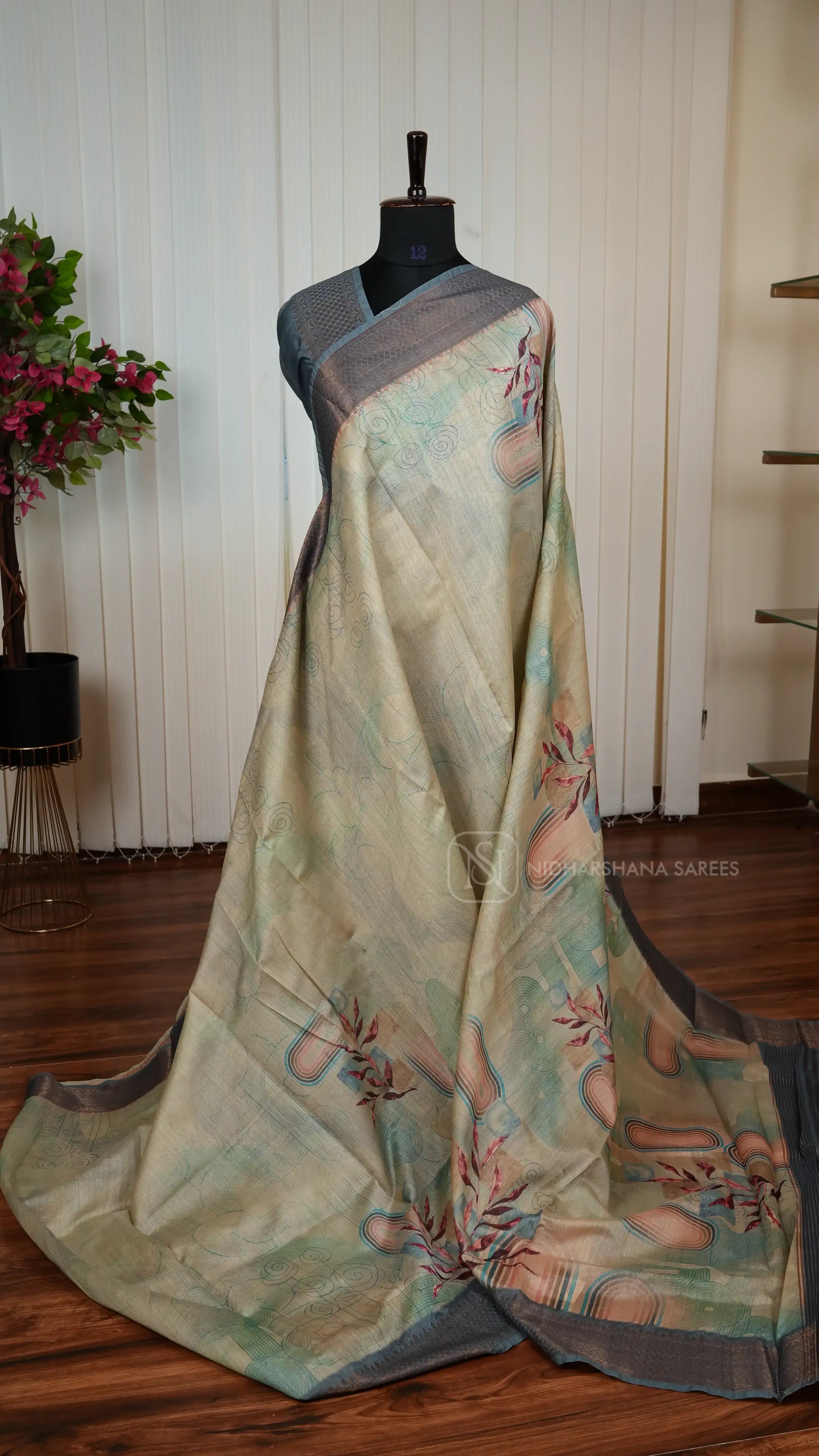 Premium Tussar With Digital Print And Matte Zari Border