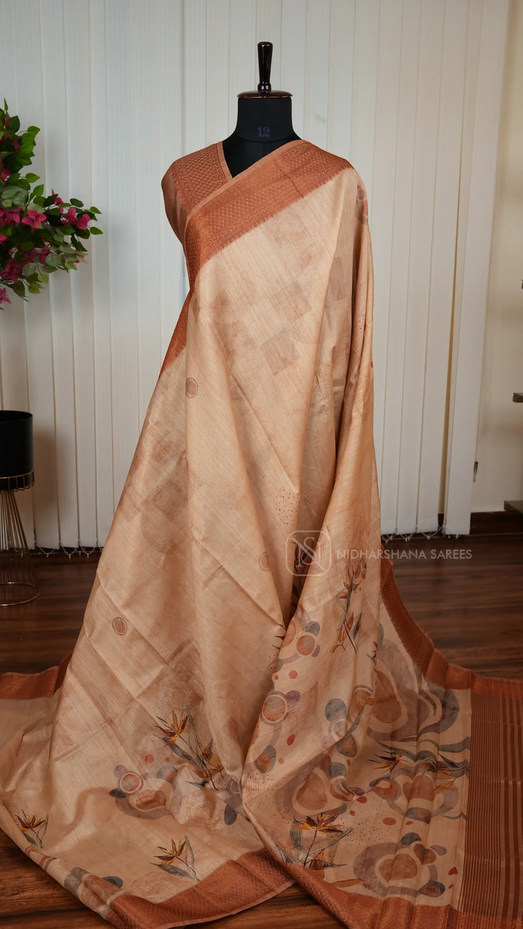 Premium Tussar With Digital Print And Matte Zari Border