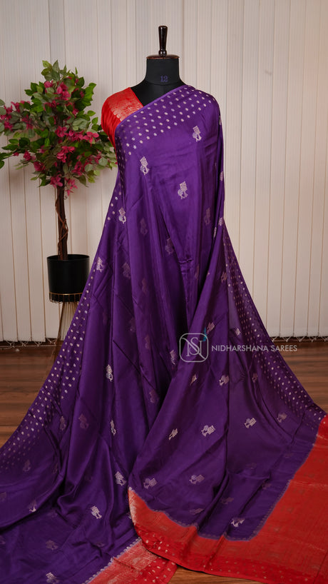 Premium Viscose Silk With Zari Butta And Contrast Zari Border