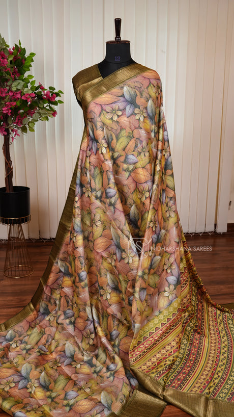 Semi Dola With Zari Lines And Floral Digital Print