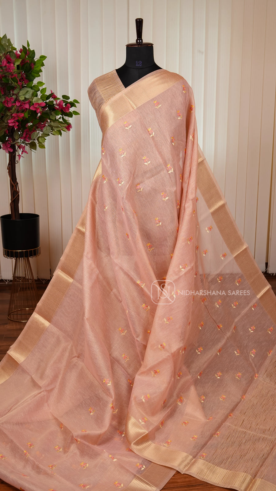 Semi Tissue With Floral Thread Embroidery Butta And Zari Border