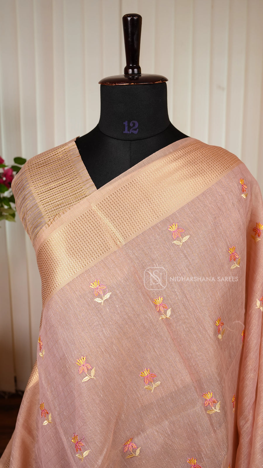 Semi Tissue With Floral Thread Embroidery Butta And Zari Border