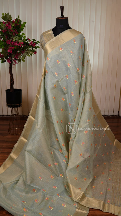 Semi Tissue With Floral Thread Embroidery Butta And Zari Border (Copy) (Copy) (Copy)