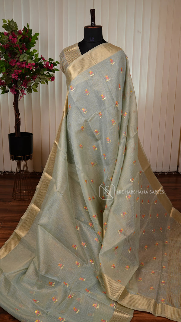 Semi Tissue With Floral Thread Embroidery Butta And Zari Border (Copy) (Copy) (Copy)