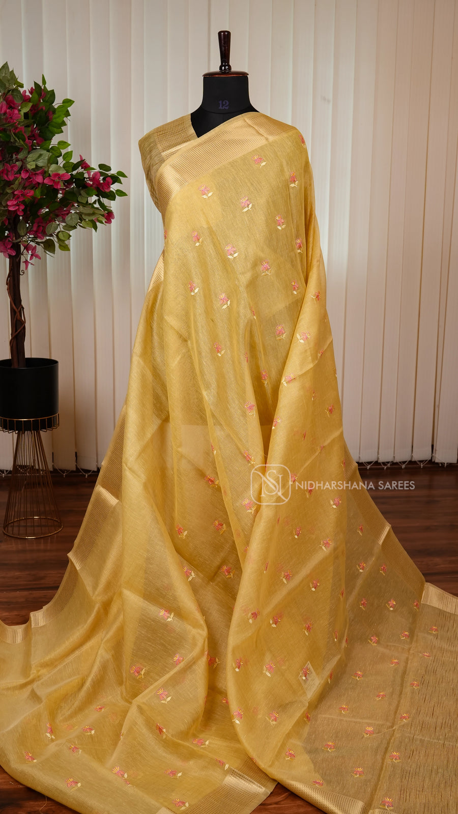 Semi Tissue With Floral Thread Embroidery Butta And Zari Border