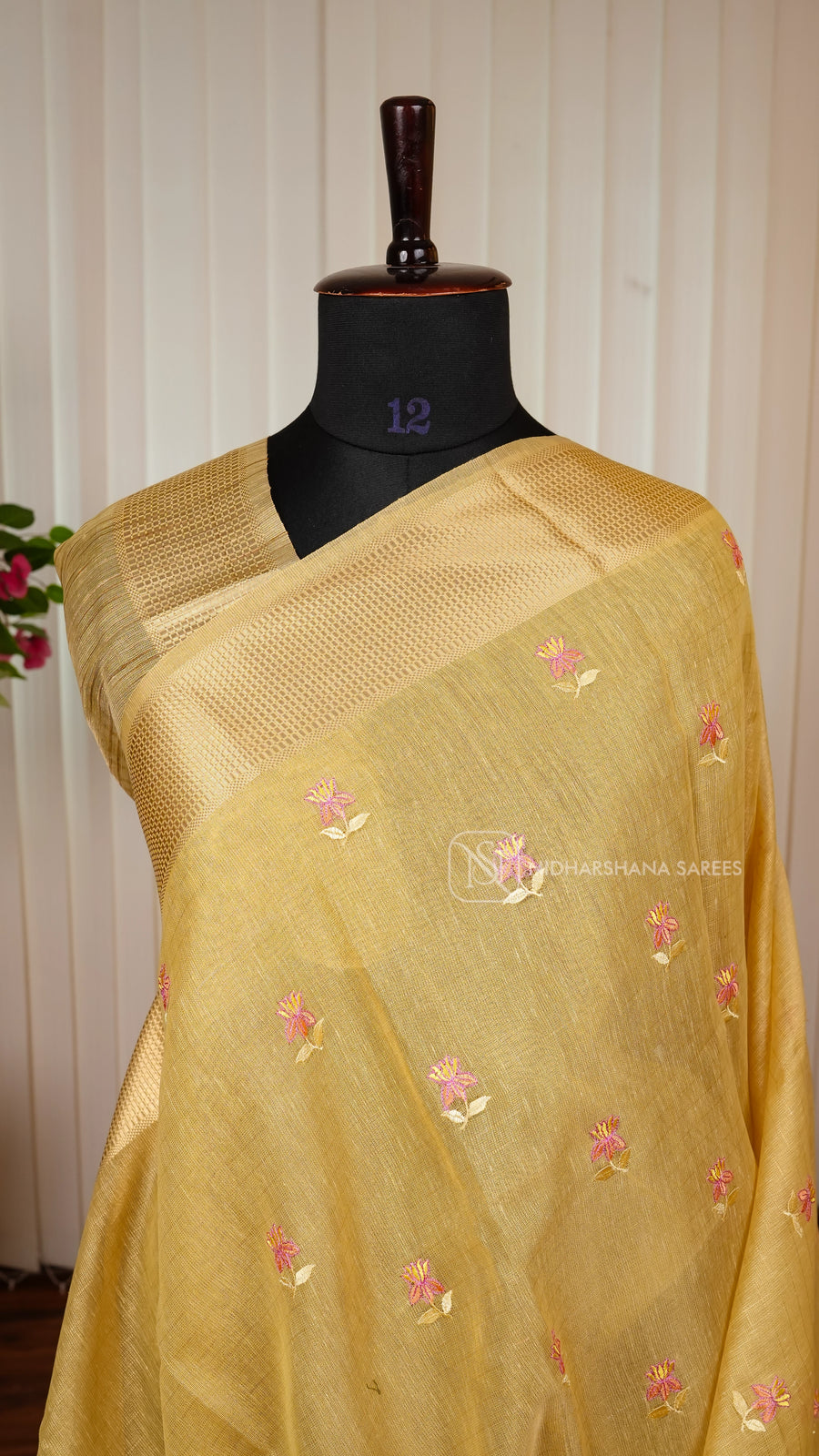Semi Tissue With Floral Thread Embroidery Butta And Zari Border