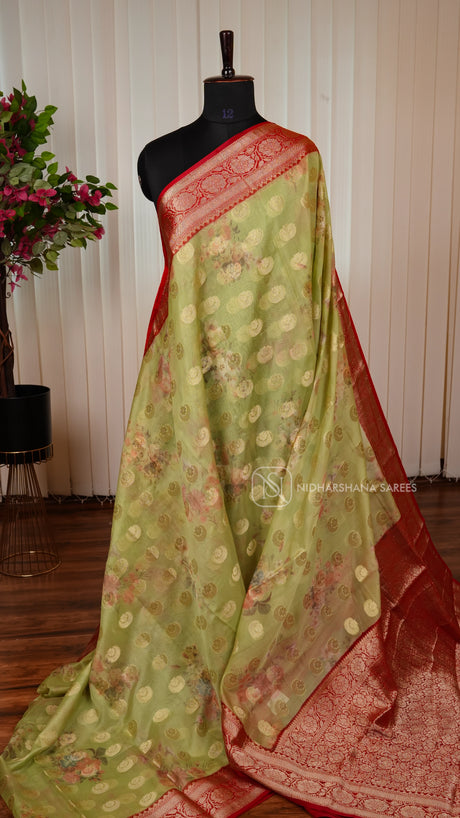 Kora Tissue With Zari Butta And Floral Digital Print And Zari Border