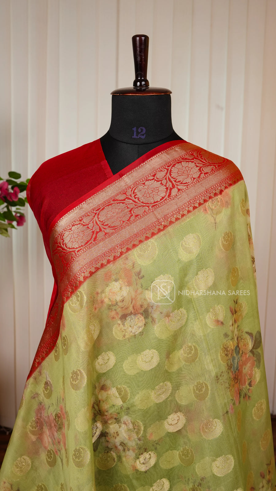 Kora Tissue With Zari Butta And Floral Digital Print And Zari Border