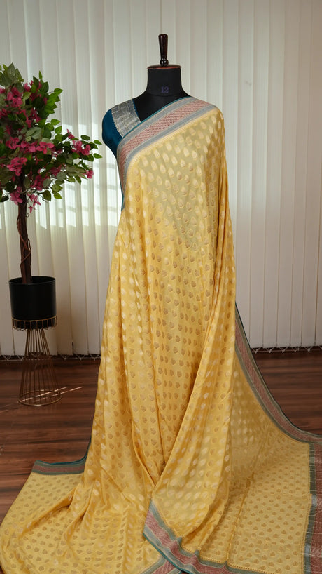 Semi Banarasi Crepe With Zari Butta And Contrast Zari Border