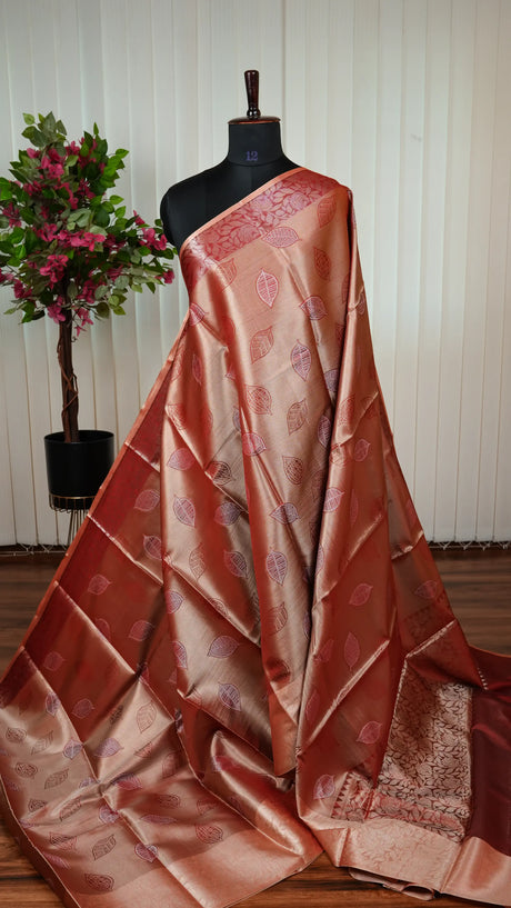 Tissue Saree With Leaf Butta And Zari Border