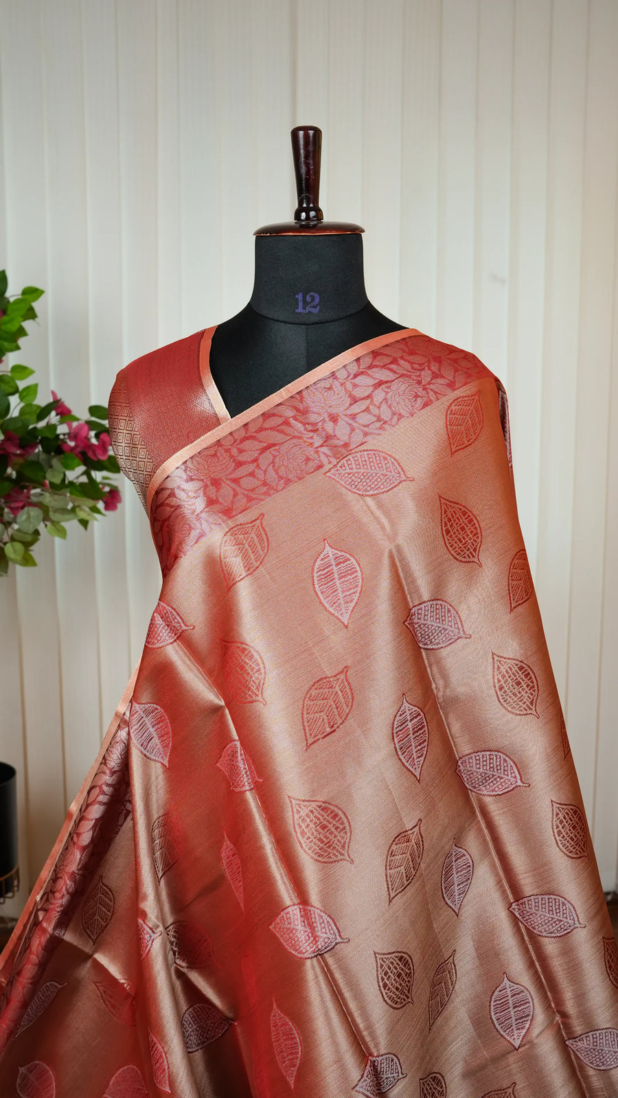Tissue Saree With Leaf Butta And Zari Border