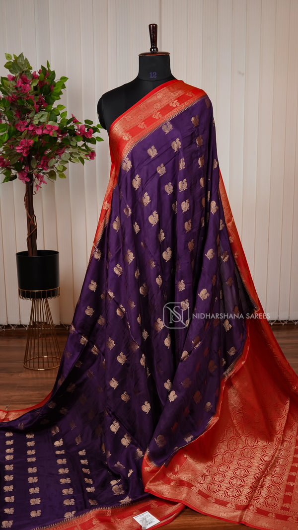 Premium Viscose Silk With Zari Peacock Motif And Contrast Zari Border