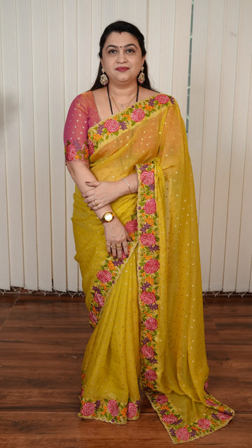 Light Weight Soft Tissue Saree With Zari Butta And Floral Cut Work Border