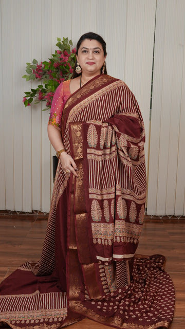 Semi Dola Saree With Ajarak Printed And Zari Border