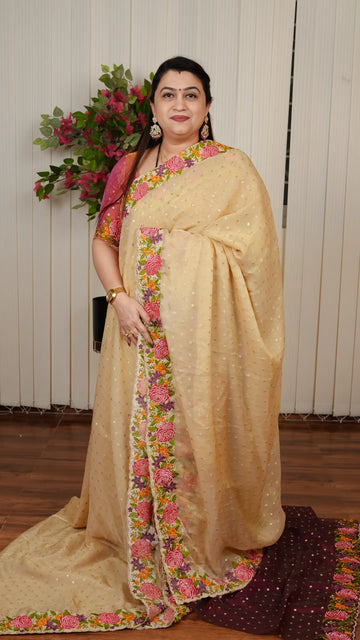 Light Weight Soft Tissue Saree With Zari Butta And Floral Cut Work Border