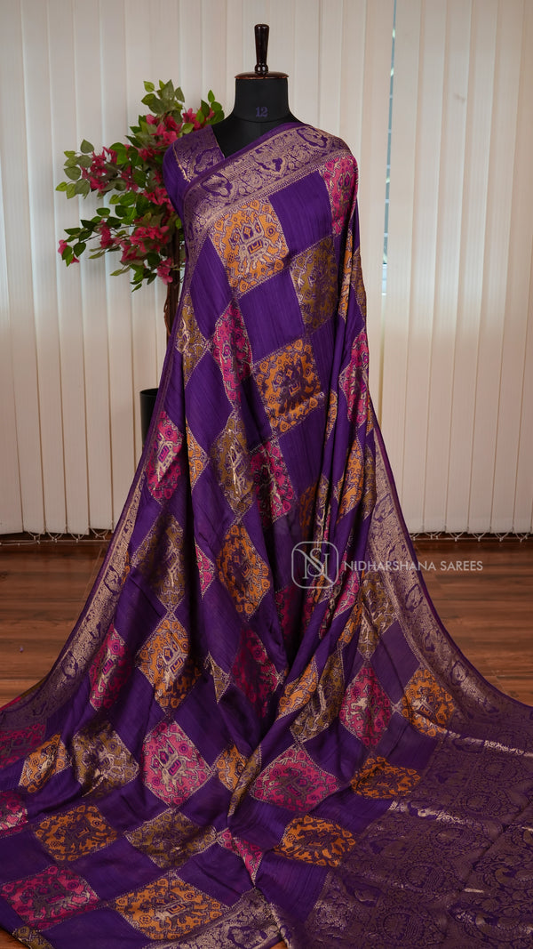 Tussar By Viscose Saree With Matte Zari Border And Meena Concept