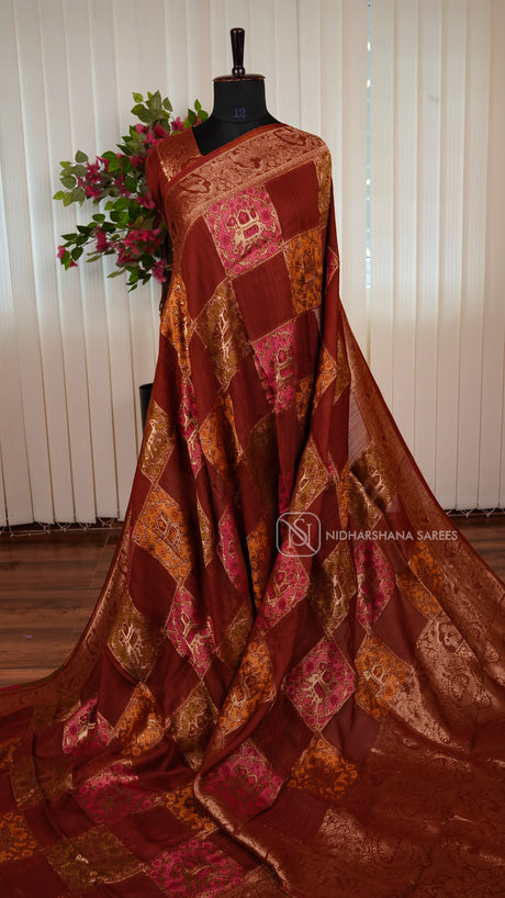 Tussar By Viscose Saree With Matte Zari Border And Meena Concept