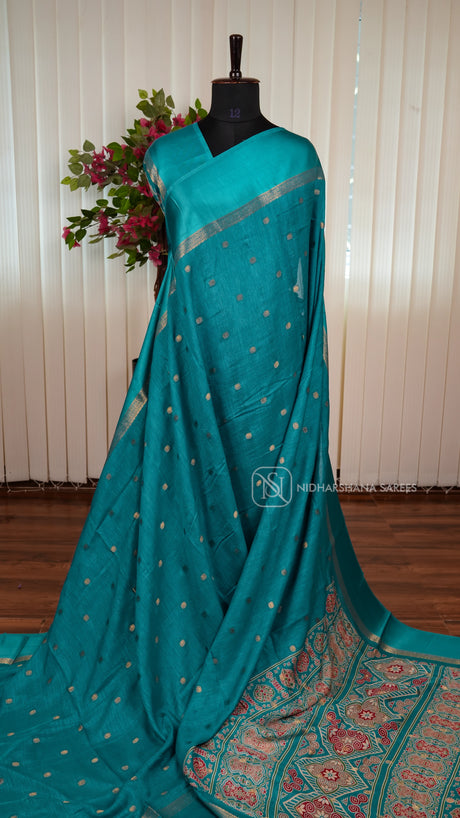 Tussar Georgette Saree With Zari Butta And Ajarak Printed Pallu
