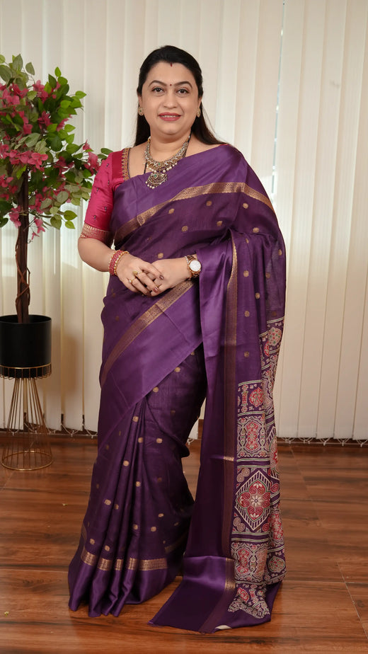 Tussar Georgette Saree With Zari Butta And Ajarak Printed Pallu