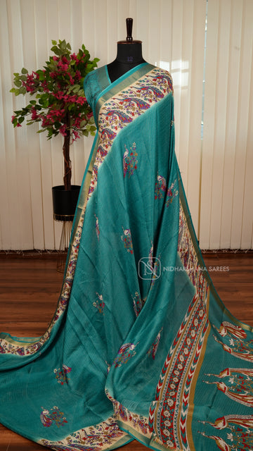 Muslin Georgette With Mini Zari Checks And Peacock Digital Print Border