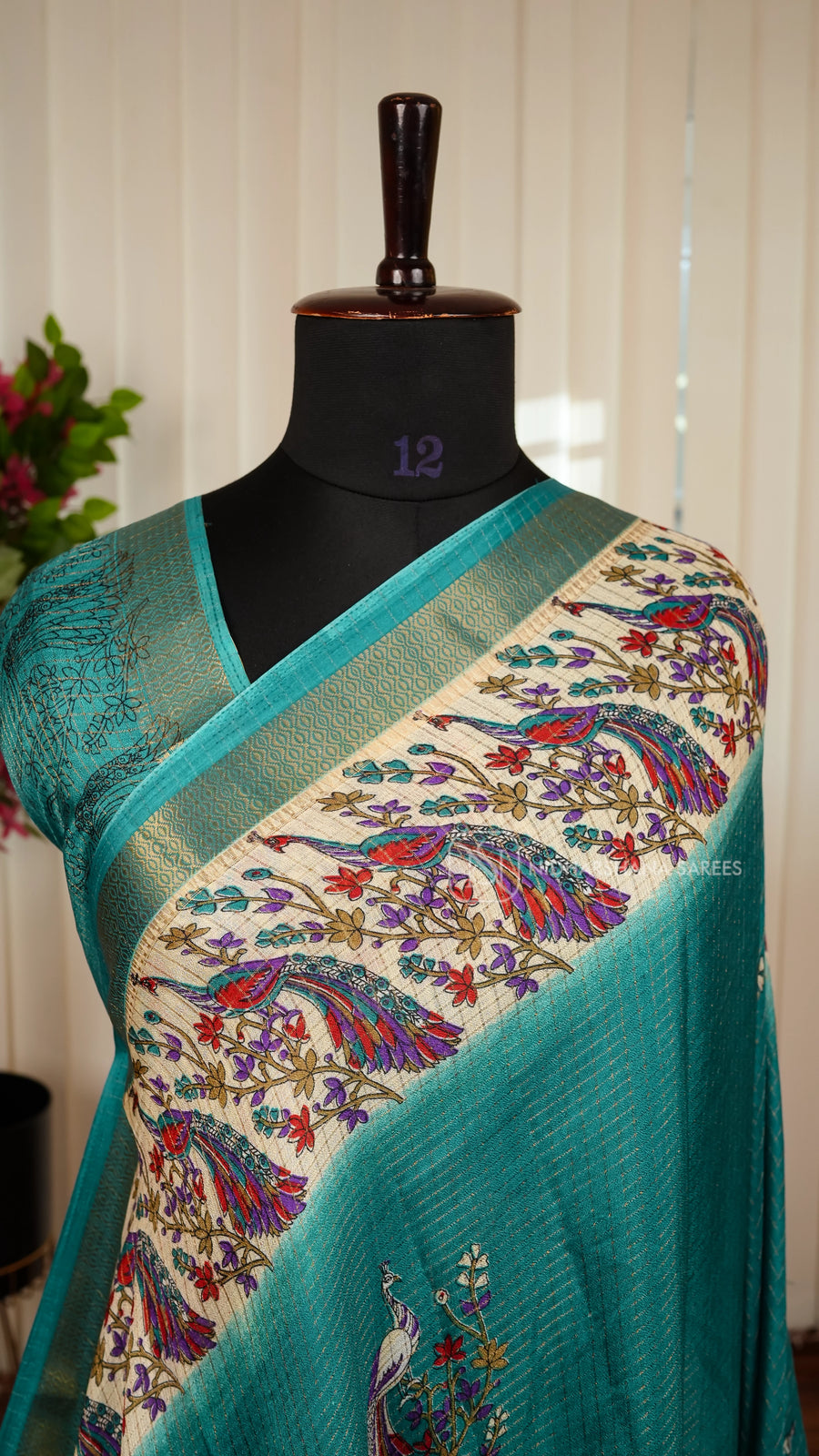 Muslin Georgette With Mini Zari Checks And Peacock Digital Print Border