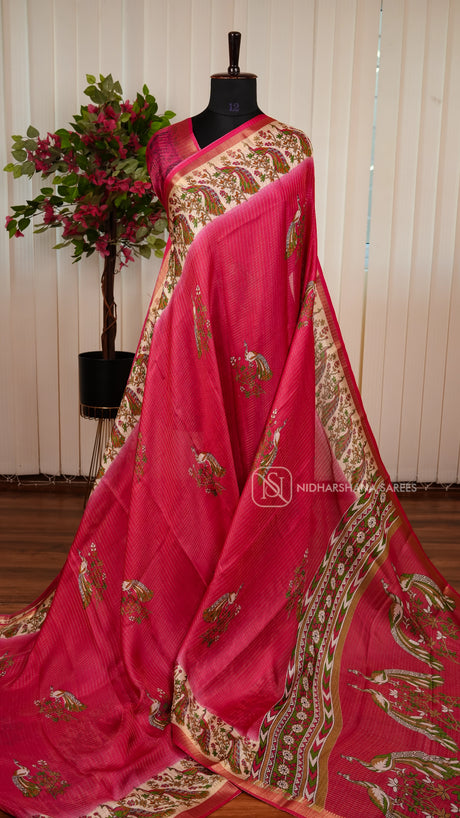 Muslin Georgette With Mini Zari Checks And Peacock Digital Print Border
