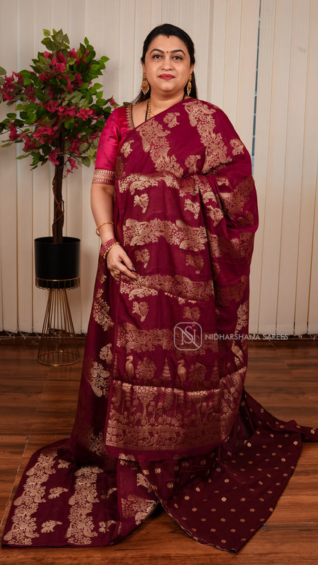 Mix Chiffon Saree With Vertical Zari Lines And Elephant Butta
