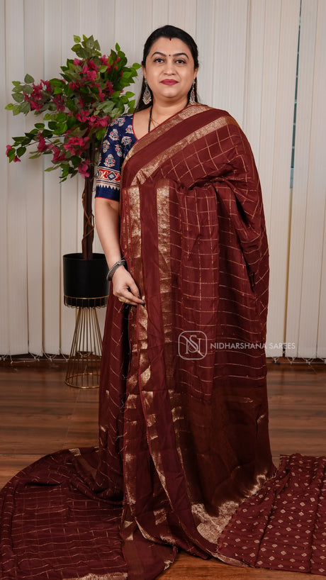Viscose Georgette With Zari Checks And Gap Style Border